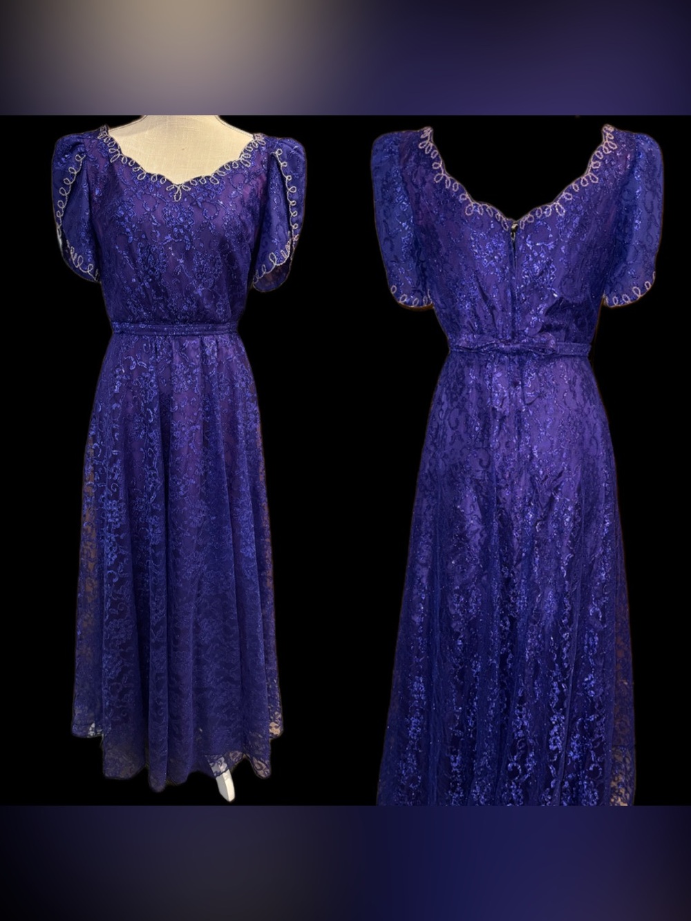 VTG Mike Benet Purple Lace Sequin Gown 80s Whimsigoth Prom Formal Dress Size S